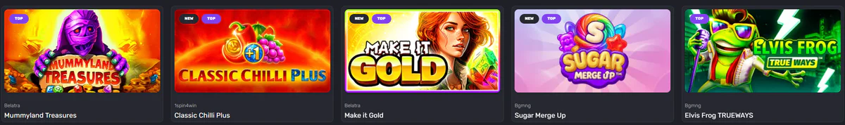 Voodoo Casino slot games including Mummyland Treasures, Classic Chilli Plus, Make it Gold, Sugar Merge Up and Elvis Frog TRUEWAYS